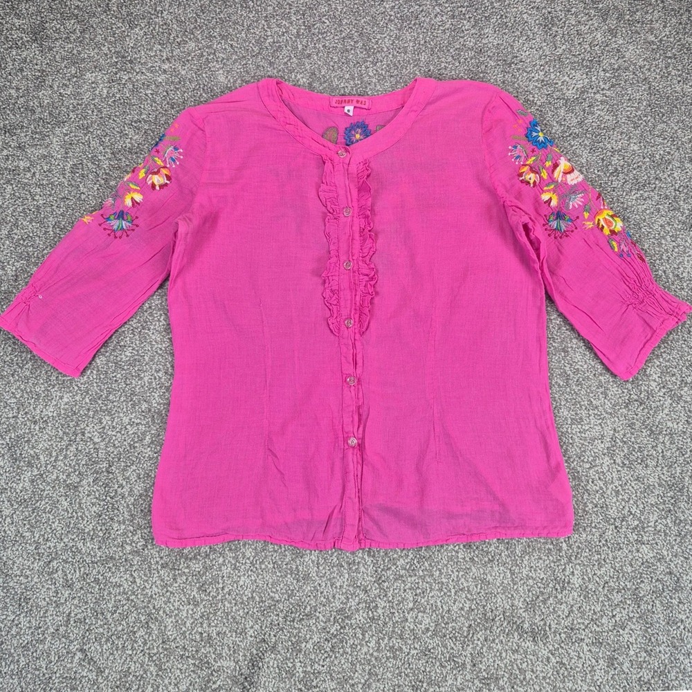 Johnny Was Embroidered Top Womens Small Pink Floral Boho Ruffle Buttons